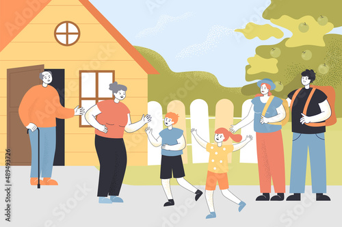 Excited kids visiting old grandparents with parents. Welcome home  happy grandchildren with grandmother and grandfather  young couple with boy and girl flat vector illustration. Family  love concept