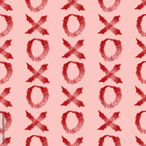 Vector seamless pattern with XOXO. Hipster symbols of hugs and kisses. on pink background