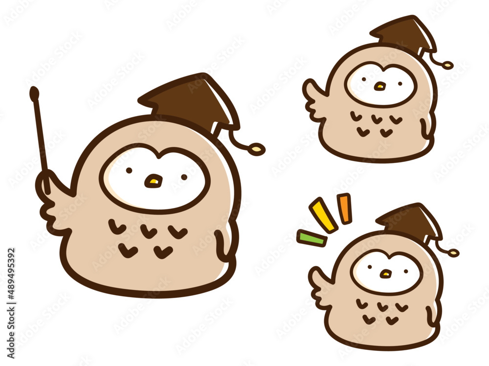 大学教授風のかわいいフクロウのキャラクターの手書きイラストセット Stock ベクター Adobe Stock