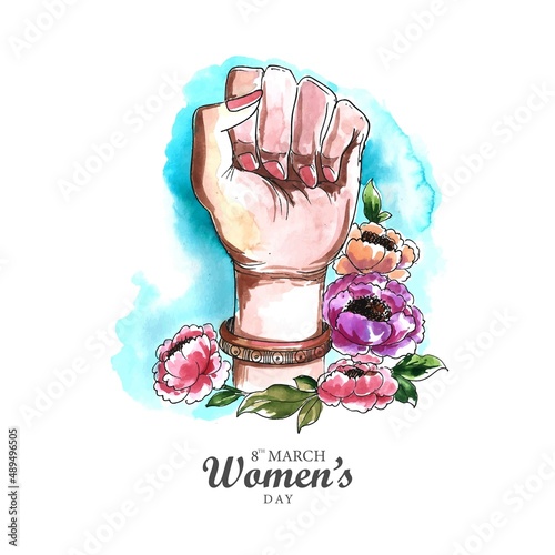Beautiful lady hand showing power in happy women's day card design
