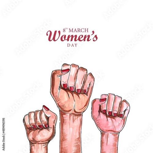 Beautiful lady hands showing power in happy womens day card background