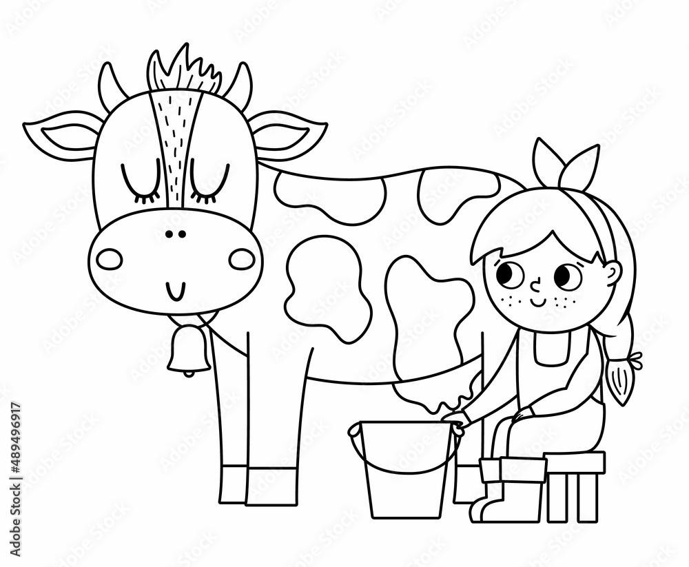 Vector black and white milkmaid icon. Outline farmer girl milking cow. Cute  kid doing agricultural work. Rural country scene. Child with cute animal.  Funny farm illustration with cartoon characters. Stock Vector |