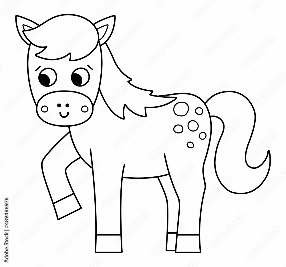 Vector black and white horse icon. Cute cartoon mare line illustration