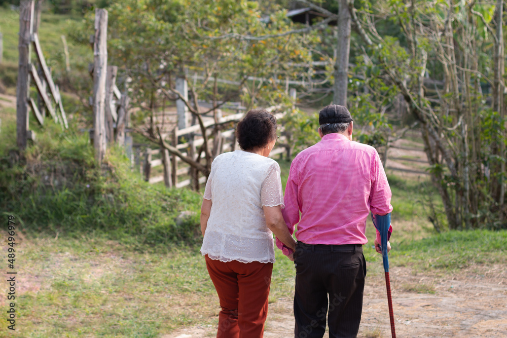 Elderly couple walking hand in hand. Two elderly people taking a walk ...