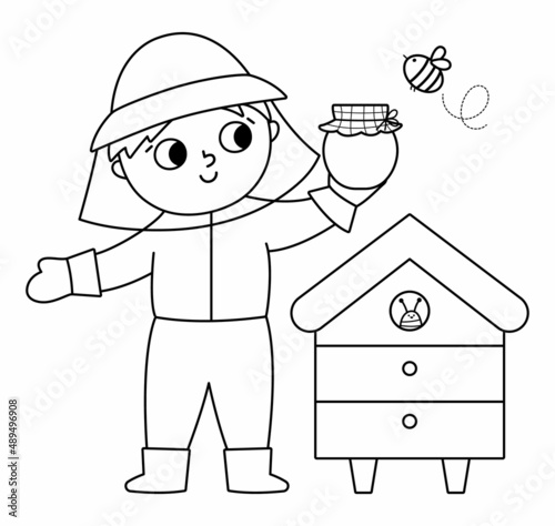 Vector black and white beekeeper with honey jar, bee, beehive. Cute outline kid doing agricultural work icon. Rural country farmer character. Funny farm illustration or coloring page .