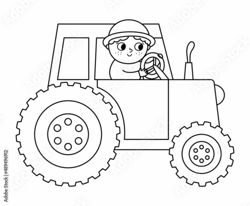 Vector black and white farmer driving tractor icon. Farm outline transportation with driver isolated on white background. Funny rural illustration or coloring page for kids with cute boy.