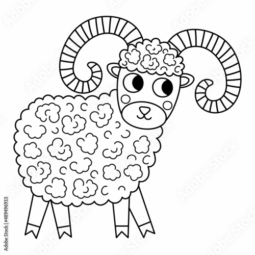 Vector black and white ram icon. Cute cartoon male sheep line illustration for kids. Farm animal isolated on white background. Colorful cattle picture or coloring page for children.