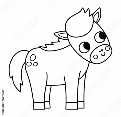 Vector black and white foal icon. Cute cartoon little horse line illustration for kids. Farm baby animal isolated on white background. Colorful cattle picture or coloring page for children.