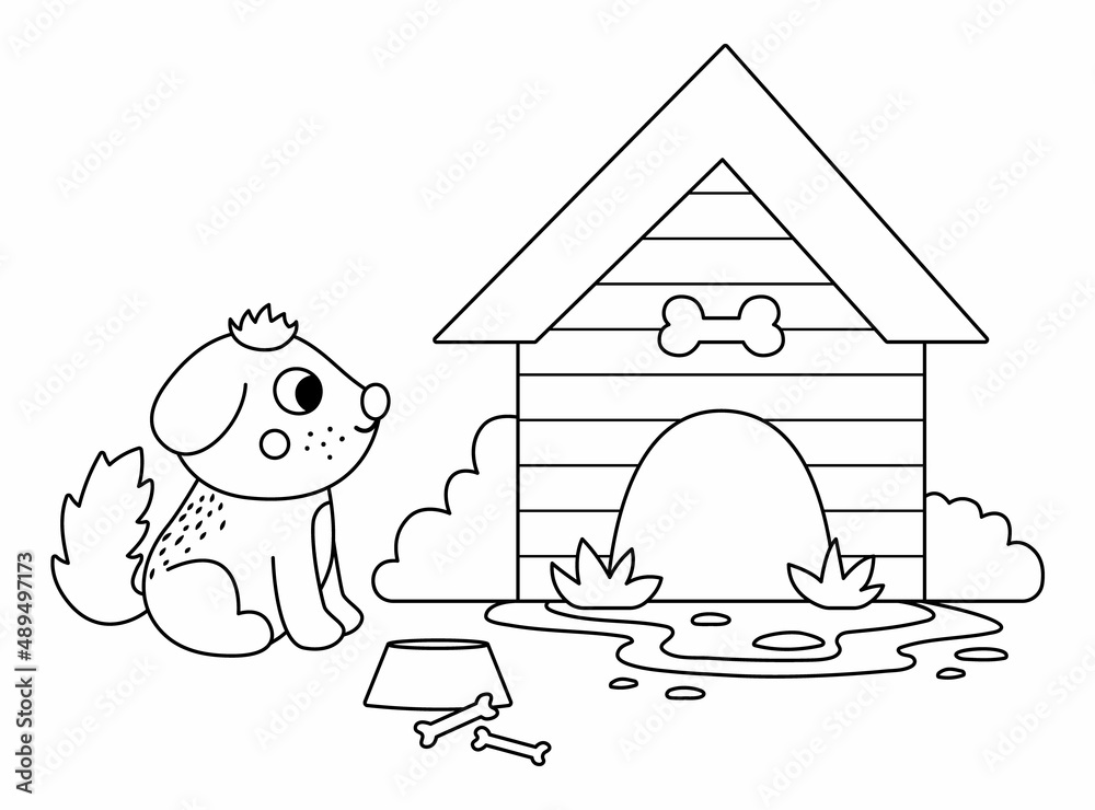 Vector black and white doghouse line icon with dog, bowl and bones isolated  on white background. Farm kennel illustration or coloring page. Cute wooden  dog house with cute pet. Stock Vector