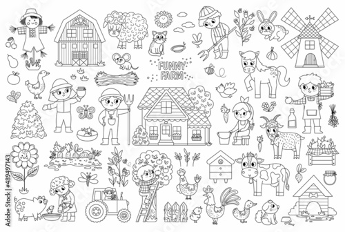 Big black and white vector farm set. Rural line icons collection with funny kid farmers  barn  country house  animals  birds  tractor  windmill. Cute outline village or garden coloring page.
