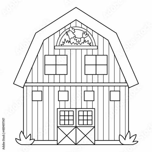 Vector black and white barn icon isolated on white background. Farm shed outline illustration. Cute line woodshed with windows and hen in the nest. Rural garden outhouse picture or coloring page.
