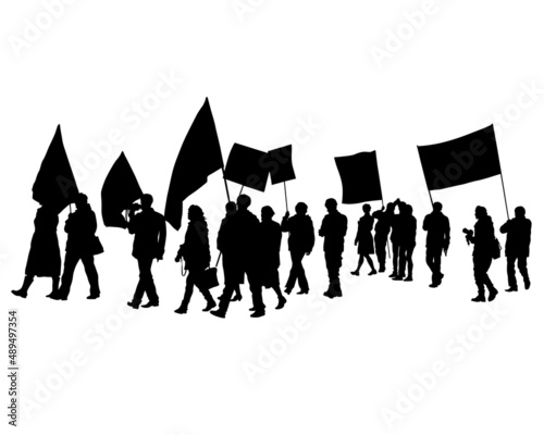 People of with large flags. Isolated silhouettes of people on a white background