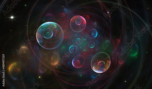 Fractal image electrons movement in a magnetic field or colorful space background. Quantum physics. Soap bubbles or photon, atom, neutrino. Nanotechnology, nanocosmos, nanoworld. 3d illustration. photo