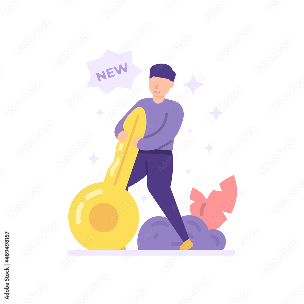 illustration of a happy person because he got a new key. concept or metaphor create new password, forgot password solution. login or sign in. flat cartoon style. vector design. landing page, ui