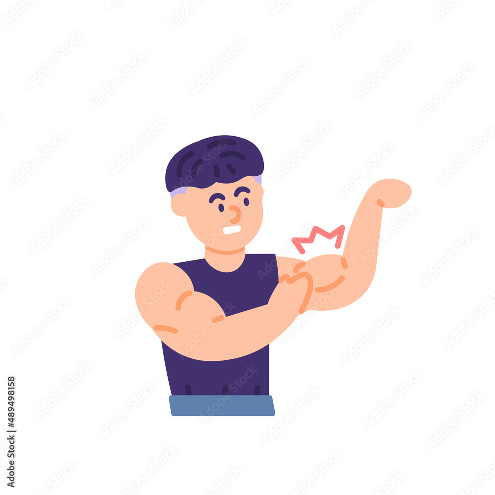 illustration of a man who has cramps in his biceps or arm muscles. bodybuilder, weightlifter. disease, hand pain after exercise. stiff muscles. flat cartoon style. vector design. landing page, ui