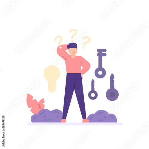 illustration of a confused person to choose the correct key. the concept or metaphor of forgot password, looking for an answer. login or sign in. flat cartoon style. vector design. landing page, ui