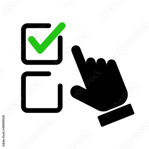 Hand icon with checkbox and index finger to click. Editable vectors.