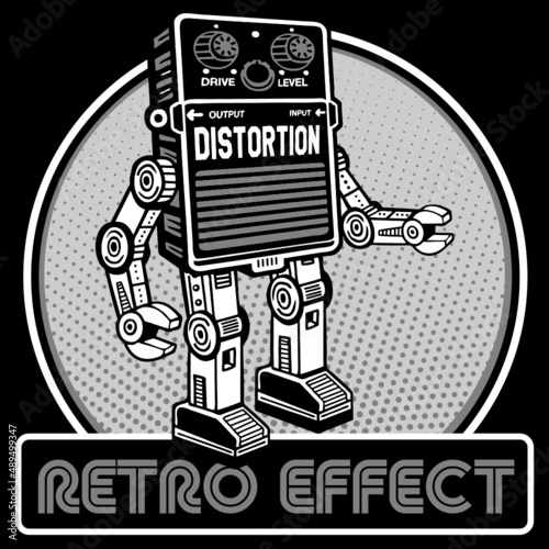 Retro Robot Mascot in Guitar Distortion Effect Character Design