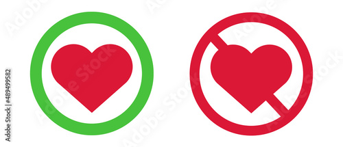 Marriage and divorce. Love and heartbreak. Set of icons with circle, heart, stop sign and heart symbol. Vectors.