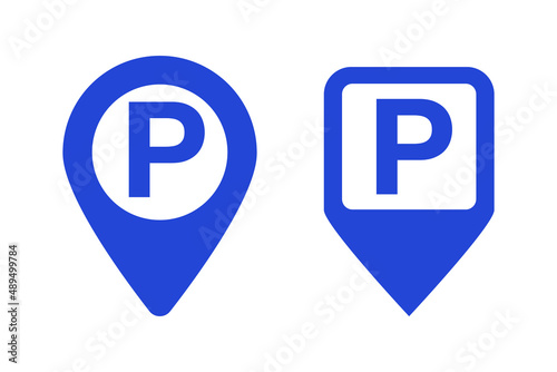 Parking sign map pin icon set. Parking lot location information. Editable vectors.