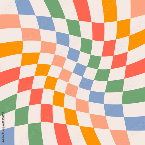 Twisted checkered colorful background. Abstract vector pattern. Retro wavy psychedelic checkerboard