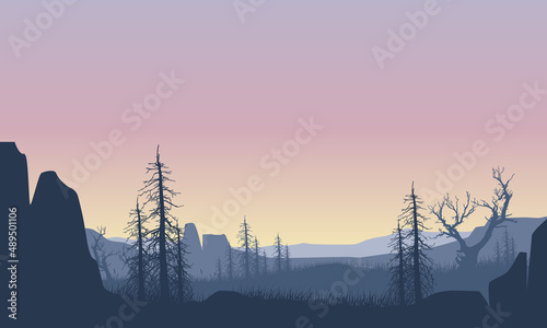 Mountain panorama with dry tree silhouette is very aesthetic at dusk from the edge of the cliff