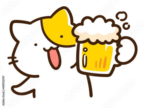 ビールジョッキで乾杯するかわいいねこのキャラクターの手書き風イラスト