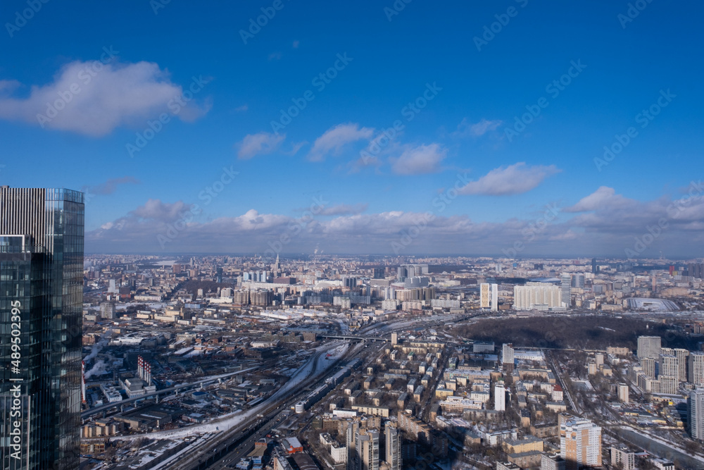 View from the Moscow City tower. Panorama of the winter city