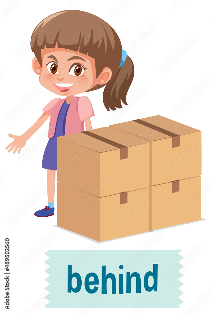 Preposition of place with cartoon girl and a box Preposition of place with cartoon girl and a box