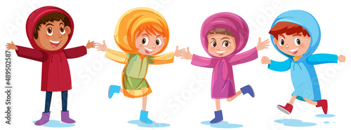 Four kids wearing raincoat