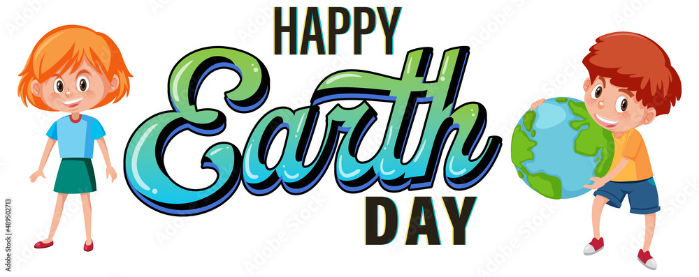 Fototapeta premium Happy earth day logo design with children cartoon character