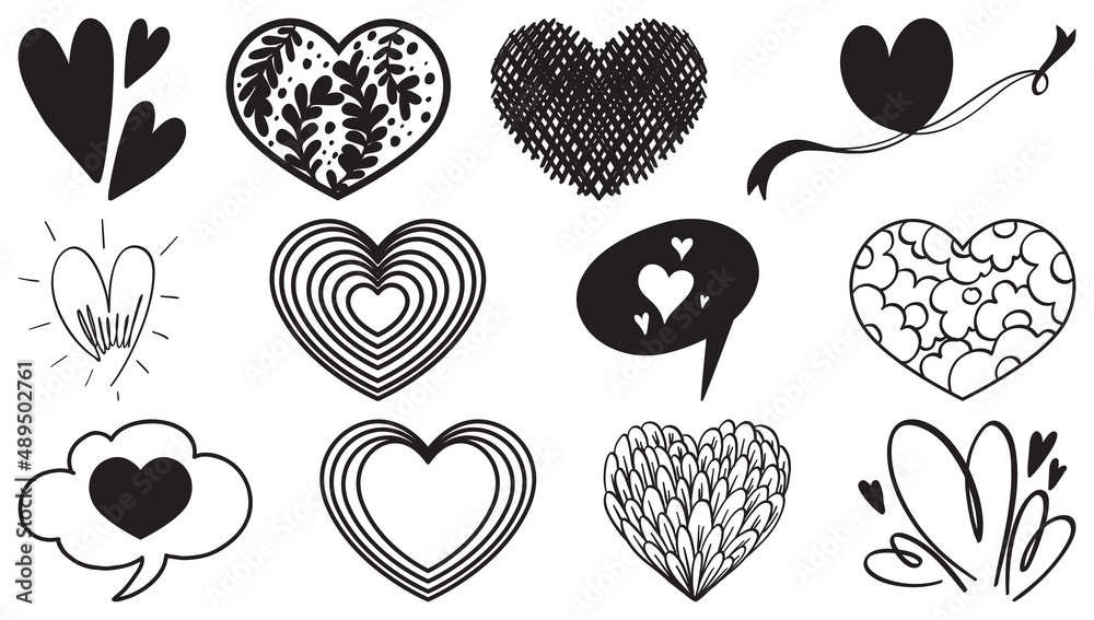 Fototapeta premium Black hand drawn hearts set