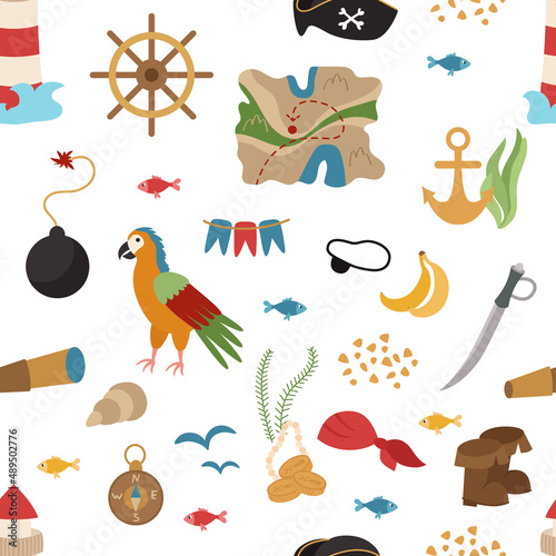 Seamless pirate pattern with black flag, coins, saber, jewels, map, fish, lighthouse. Vector illustration of sea voyages and treasure hunting.