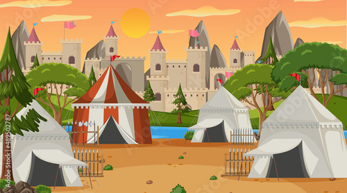 Medieval town scene camp with tents and castle