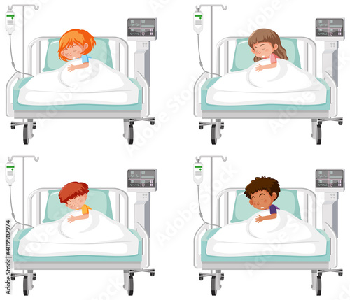 Set of sick children in hospital beds