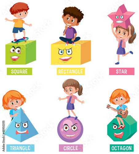 Children character holding geometry shapes