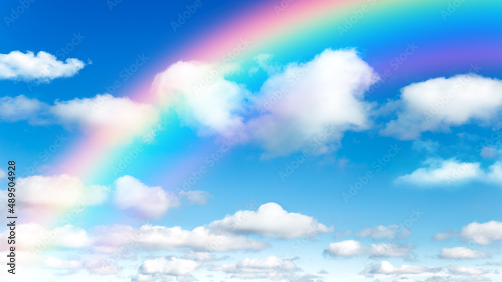 Sunny day background, blue sky with white cumulus clouds and rainbow, natural summer or spring background with perfect hot day weather illustration.