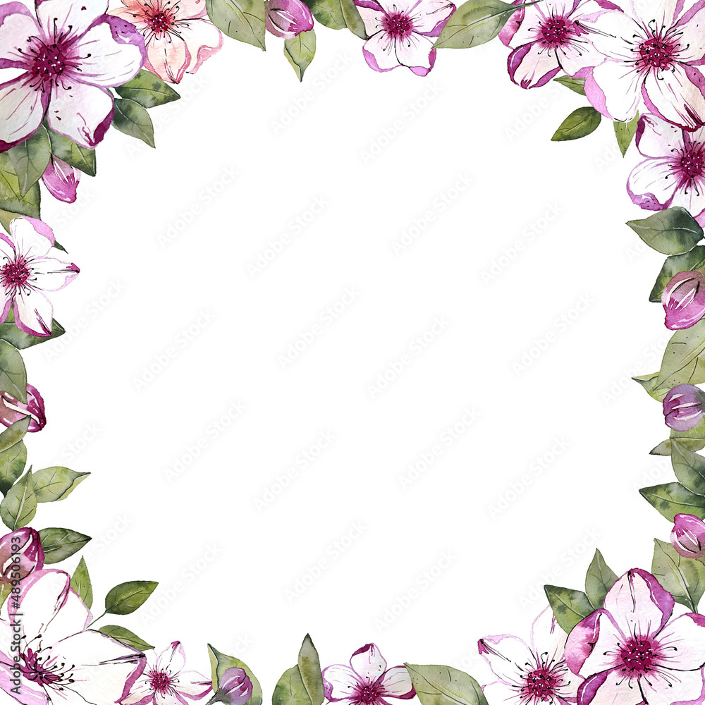 Watercolor flower design elements collection garden bright flowers, leaves, branches, flower frame. Botanical illustration isolated on transparent background