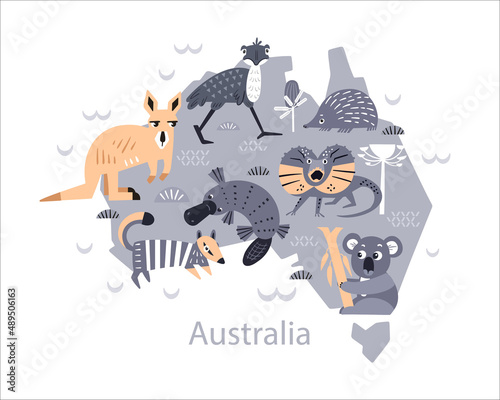 Map of cute animals and plants of Australia. Decorative handmade poster for print. Isolated icons in Scandinavian style. Vector illustration.