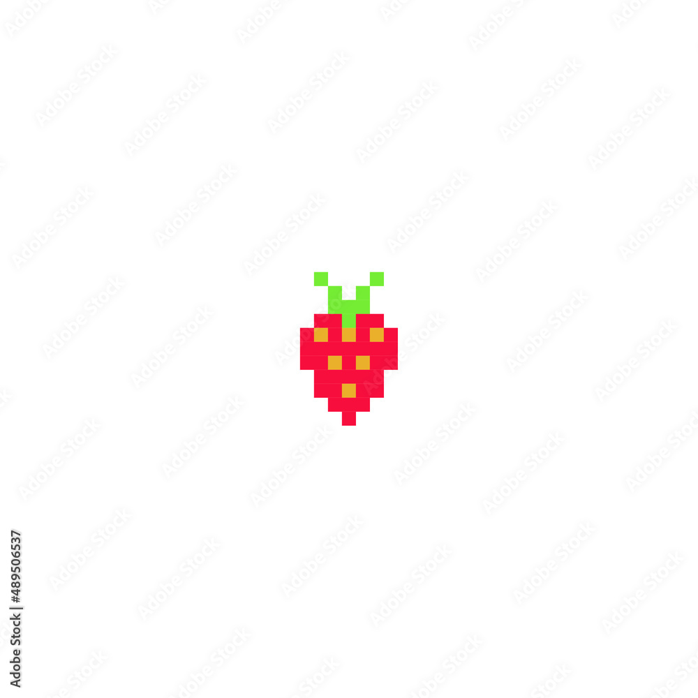 Strawberry icon or sign isolated on white background, Vector illustration pixel art. 8 bit, red, berry, fruit, retro, symbol, video game, food.