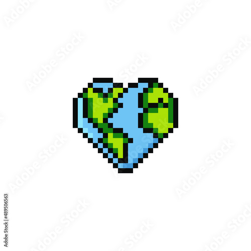 Planet earth in the shape of a heart isolated on a white background. Retro 8-bit graphics. Design for greeting card and banner. Vector illustration. Pixel Art.
