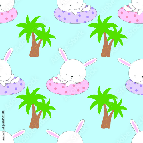 	Seamless Cute Bunny floating on the lifesaver Pattern