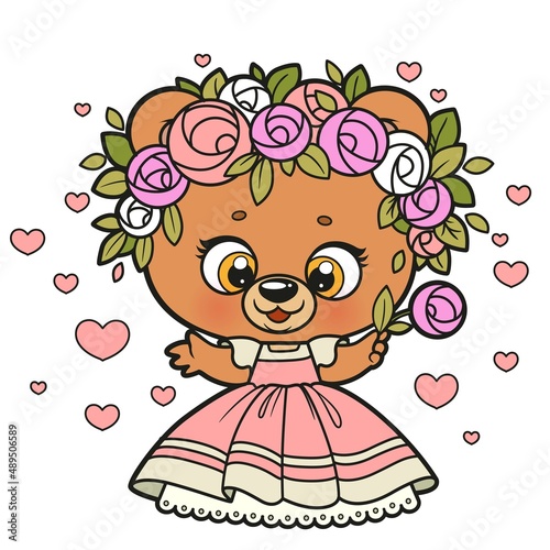 Cute cartoon teddy bear in princess dress and wreath of roses color variation for coloring page on a white background