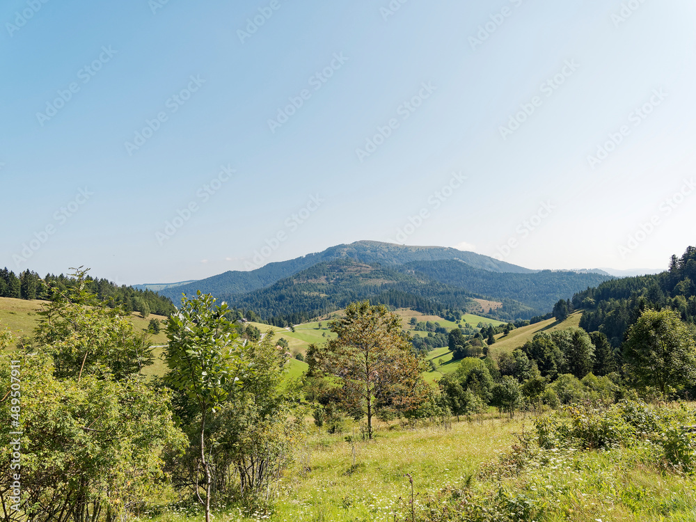 Black Forest landscapes in Southern Germany. View of Forested mountains, pastures in Münstertal valley and bare dome of Belchen peak vom nature reserve of Nonnenmattweiher 