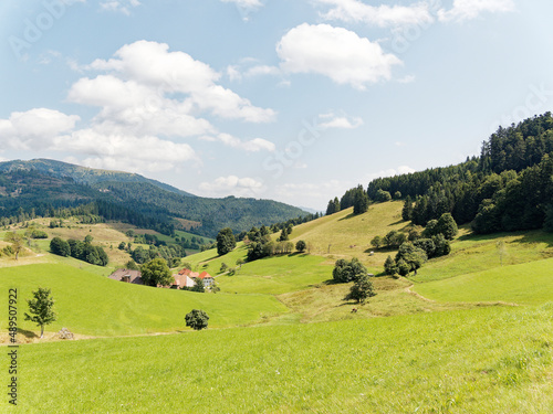 Black Forest landscapes in Southern Germany. View on the village Haldenhof, woods, grassland and pastures on bottom of cirque of Nonnenmattweiher in front of bare dome of Belchen peak