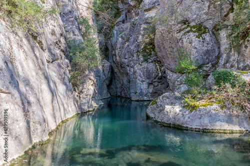 Blue Green River in a Rocky Canyon in the Mountains of Umbria Italy