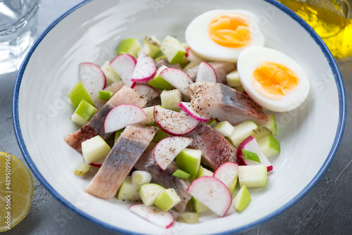 Salad with herring fillet, chopped radish, apple and chicken egg served in a white plate, close-up, selective focus