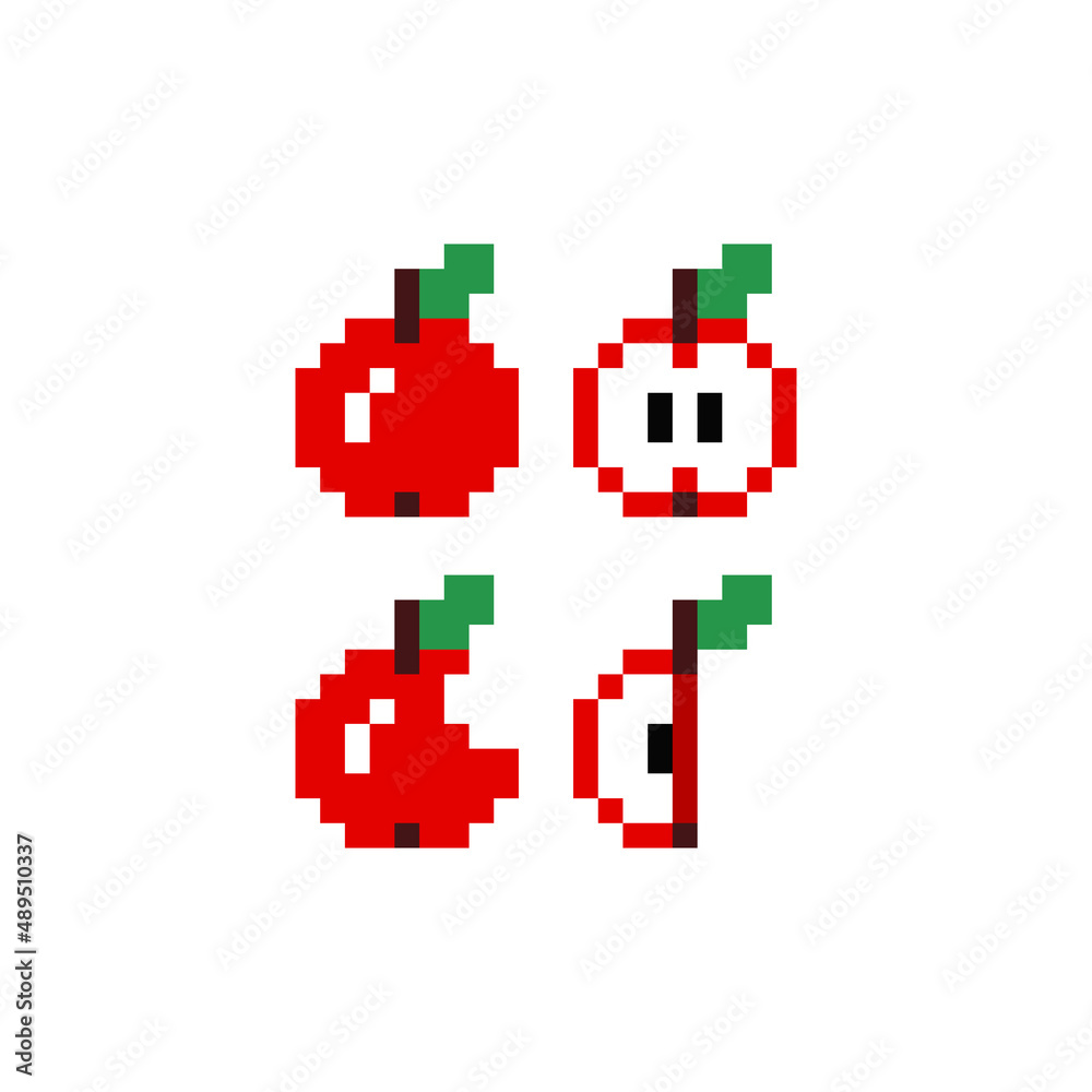 Set of minimalistic pixel art vector fruits isolated.game 8 bit style.symbols group collection. whole apple, bitten and stub Set of minimalistic pixel art vector fruits isolated.game 8 bit style.symbols group collection. whole apple, bitten and stub
