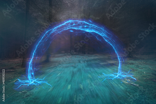 Blue portal in the foggy forest, magical evening