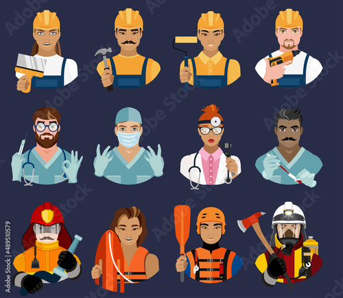 A large set of portraits of men and women in different types of professions. Builders, doctors and rescuers. Vector illustration